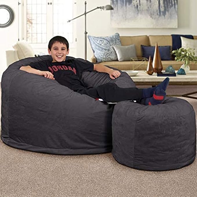 ULTIMATE SACK 4000 4-Foot Bean Bag Chair with Footstool, Grey Suede Cover – Oversized Foam Lounger, Floor Seat, Small Sofa, or Couch Bed for Living Area, Gaming Room, or Reading Lounge