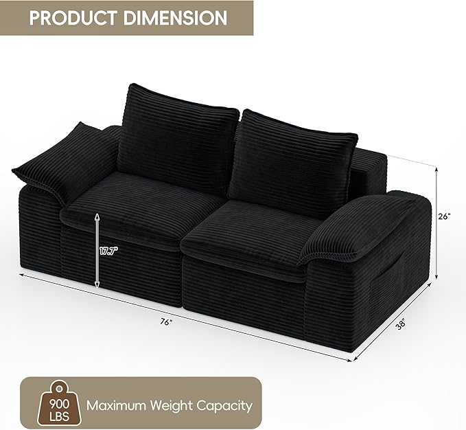 Buytime 76” Comfy Cloud Loveseat Sofa, Convertible Boneless Loveseats for Living Room, Wide 2-Seat Modern Modular Sectional Sofa with Deep Seat, Double-Layer Cloud Cushion and Headrest, Black