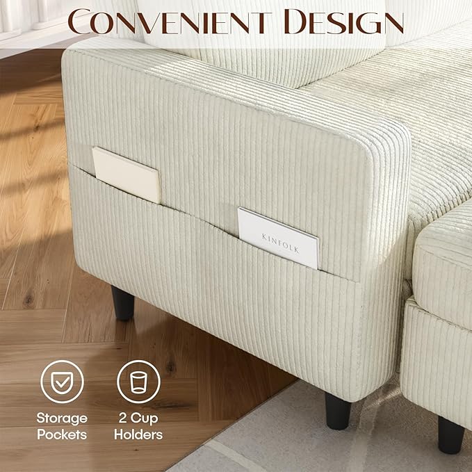 POYISOU Sectional Couches for Living Room, L Shaped Couch with Storage Ottoman, Small Sofa Corduroy Couch with Side Pockets, Modern 3 Seater Convertible Sofa for Apartment, Office, Beige