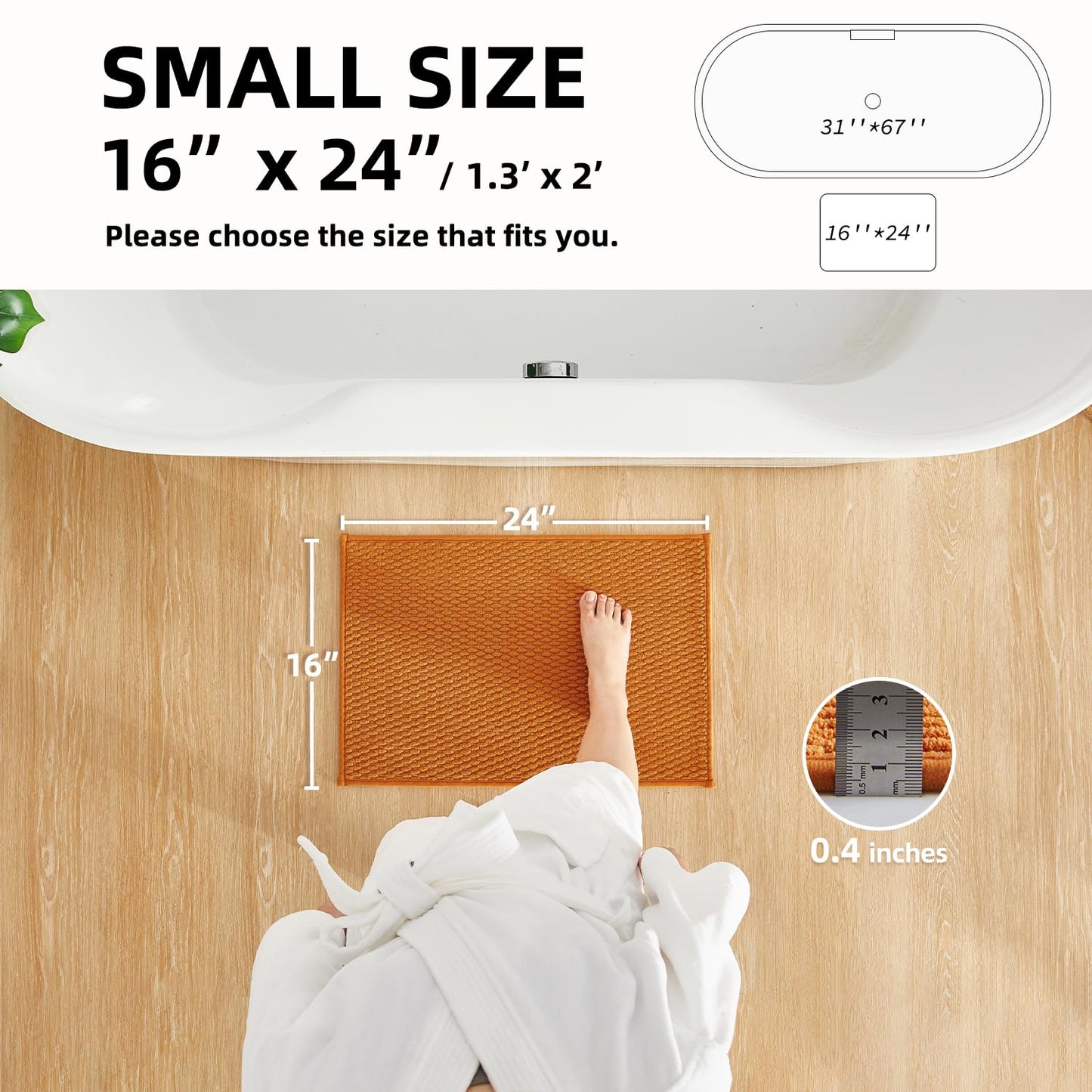 Bathroom Rugs Non Slip Washable, Super Absorbent Thin Bath Mat Small Quick Dry Low Pile Bathroom Rug, Orange 16"x24"