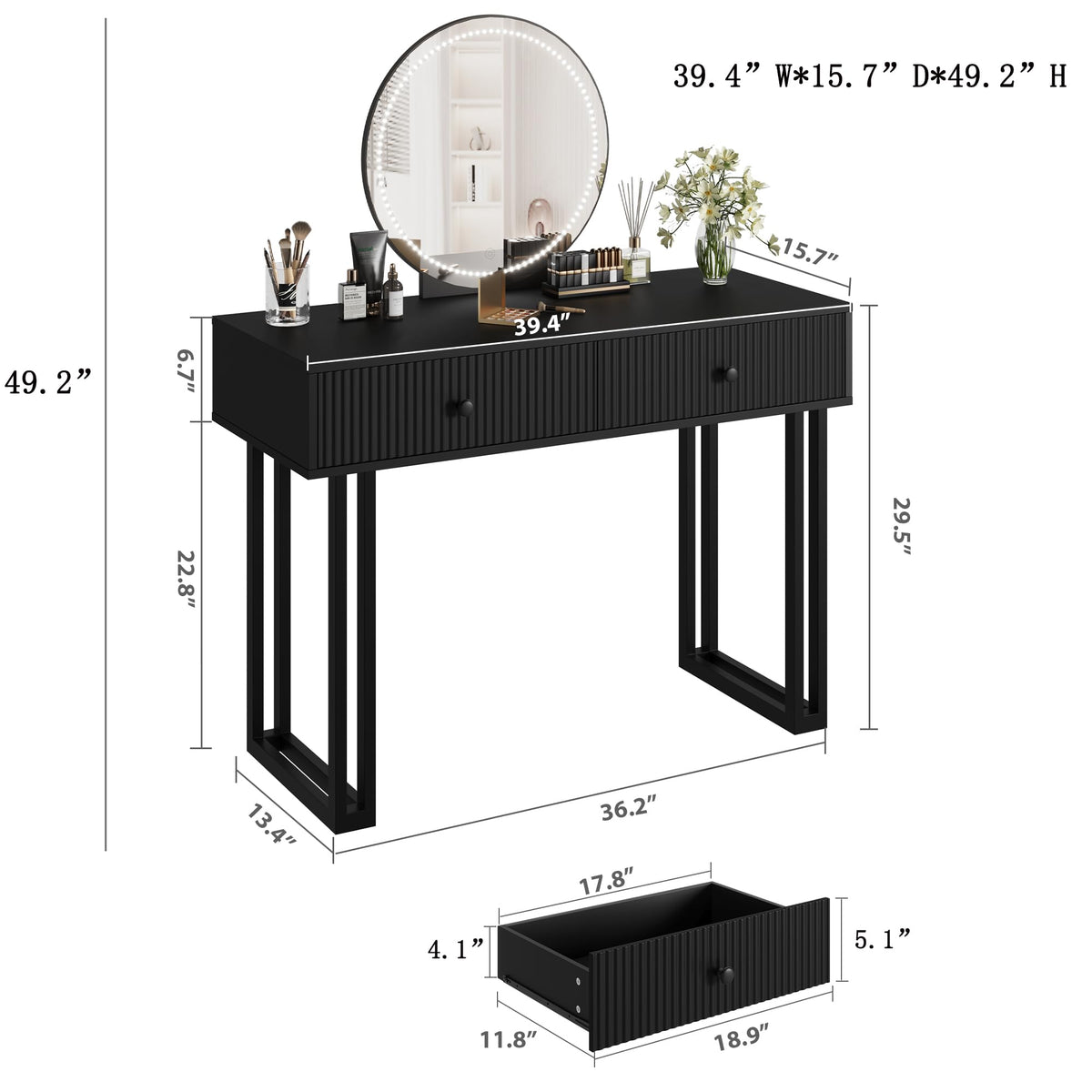Black Vanity Desk with Mirror and Lights, Small Makeup Vanity with 2 Drawers, Modern Vanity Organizer with 3 Color Lights＆Adjustable Brightness, Dressing Table for Bedroom