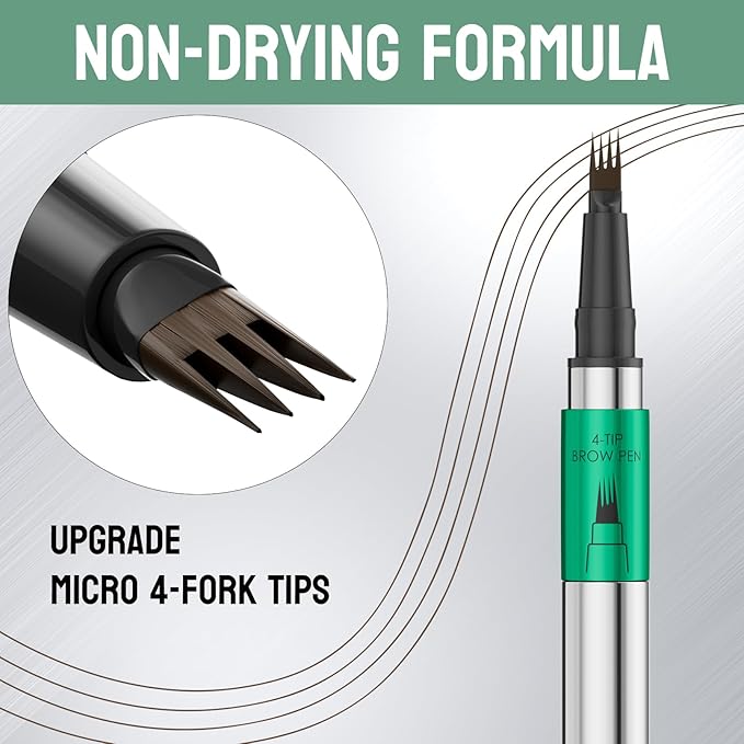 Microblading Eyebrow Pen - Waterproof Eye Brow Pen with 4-Fork-Tip Liquid Brow Pens for Natural Looking Defined Eyebrows (Black Brown)