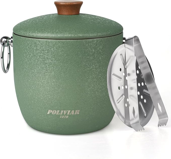 POLIVIAR Ice Bucket, 2.5L Double Wall Ice Bucket with Lid, Stainless Steel Ice Bucket with Tong & Strainer, Ice Bucket for...