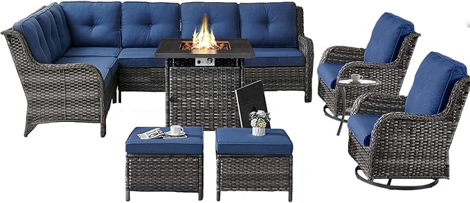 Belord Outdoor Sectional Furniture Sofa Set with Propane Fire Pit Table, Wicker Patio Conversation Set with 2 Swivel Rocker Glider Chairs Blue Cushion Perfect for Backyard Casual Gathering