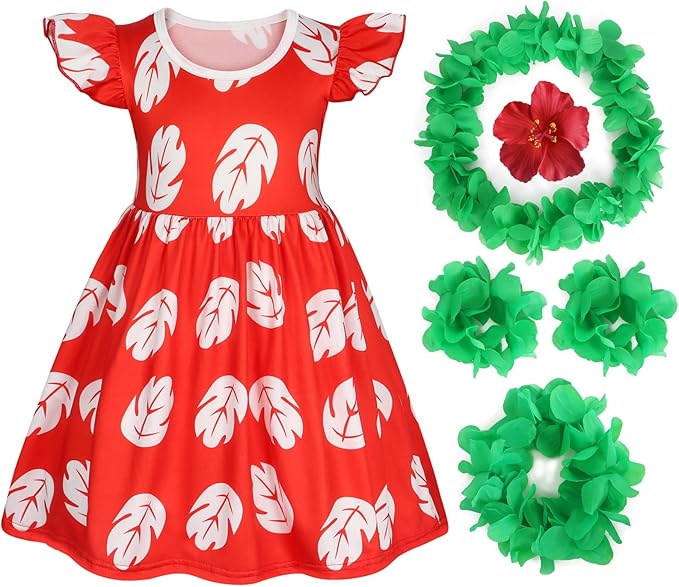 Benylion Hawaiian Dress Red Leaf Hawaiian Dress Summer Dress for Girls Halloween Christmas Costumes Cosplay Birthday