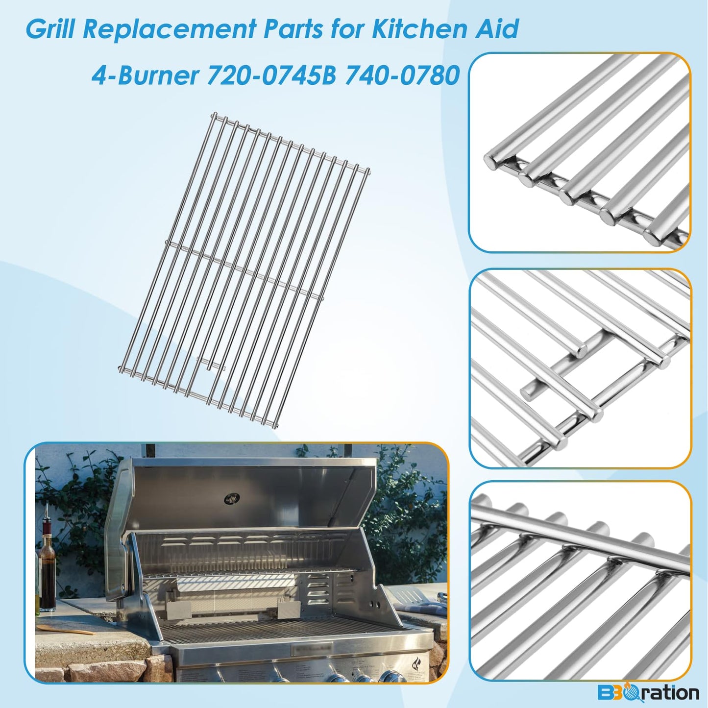 BBQration Replacement Kit for Kitchen Aid 720-0745B 740-0780 860-0012 720-0745 720-0745A, 7MM Solid Stainless Steel Cooking Grates, Burners and Heat Plates for Kitchenaid Grill Replacement Parts