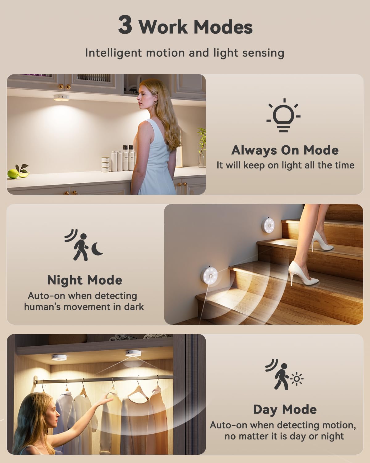 LENOMA Puck Lights with Remote Control, Rechargeable Under Cabinet Lighting, 3 Color Temps, 12 RGB Color LED Motion Sensor Lights Wireless, Dimmable Tap Lights for Closet, Kitchen, Shelf, Stair