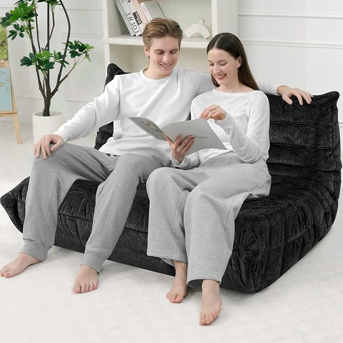 HABUTWAY Bean Bag Chair, Giant Bean Bag Chairs for Adults, Loveseat Fireside Chair, 2 Seater Lazy Bean Bag Sofa Memory Foam Couch for Living Room, Bedroom, Office (Black)