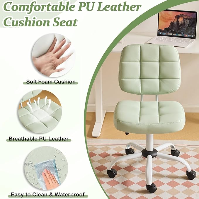 VINGLI Compact Small Desk Chair, Cute Armless Chair with Wheels, Vanity Chair with Low Back, Height Adjustable Task Chair for Small Spaces, Office, Bedroom, Make Up Room, PU Leather, Mint Green