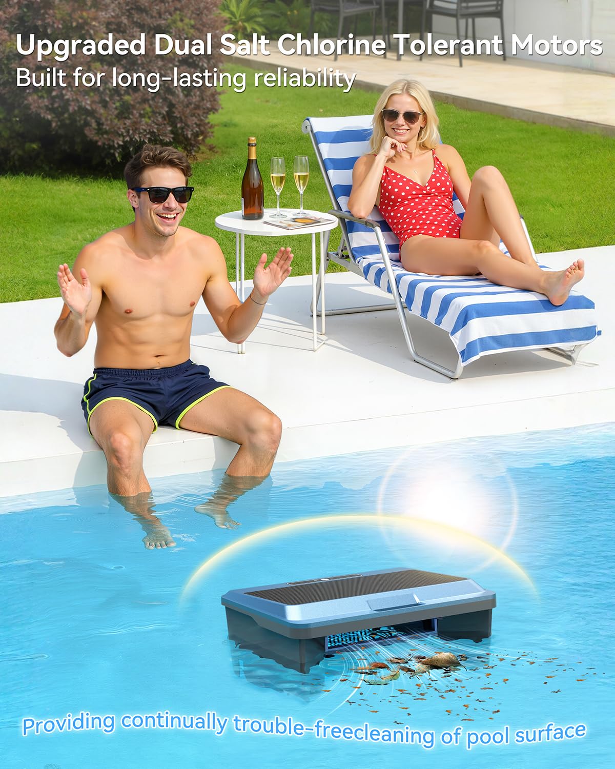 Poofata 2026 Upgraded F1T Solar Powered Robotic Pool Skimmer Surface Cleaner with APP Support Dual Charging Options Smart Obstacle Avoidance 24/7 Continuous Cleaning Ideal for Above Ground Pool Blue