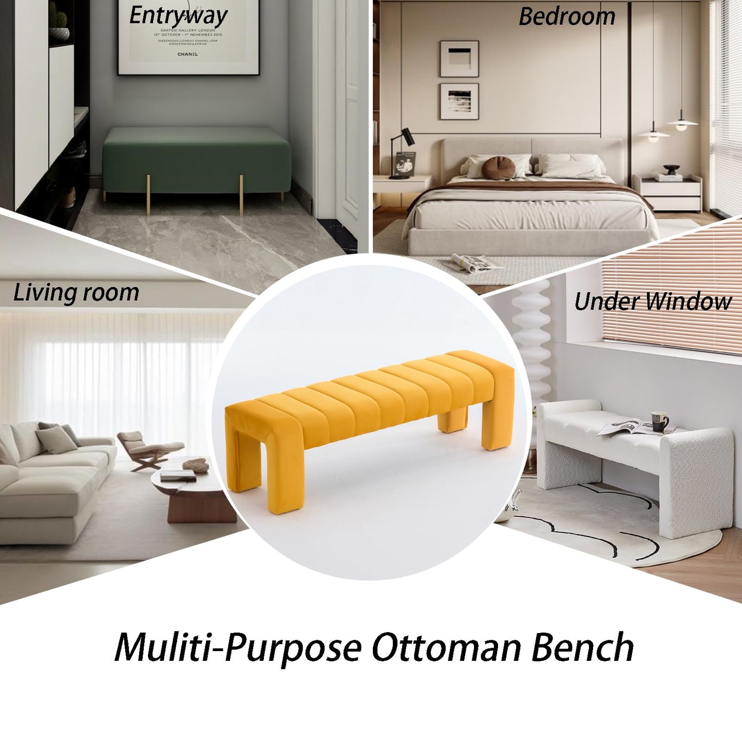 AIITTCC Velvet End of Bed Bench Upholstered Modern 59" Bedroom Bench for King Bed Bench Tufted Window Bench Comfy Long Ottoman for Living Room/Entry/Indoor (Mustard Yellow, 59" Wide)