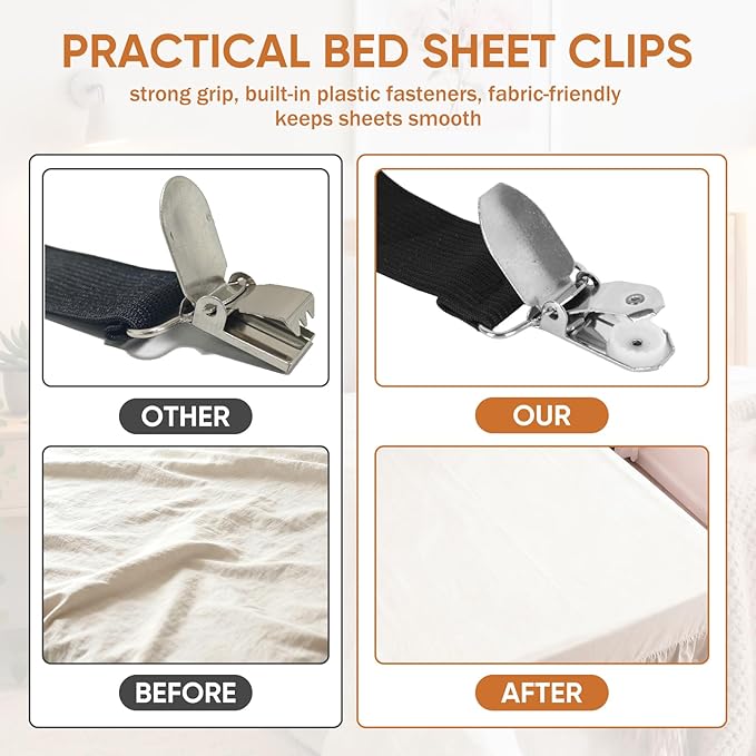 Bed Sheet Holder Straps, 2Pcs Elastic Adjustable Bed Sheet Grippers,Fitted Sheet Holder Keep Sheets in Place, Enhance Sleep Experience, Black