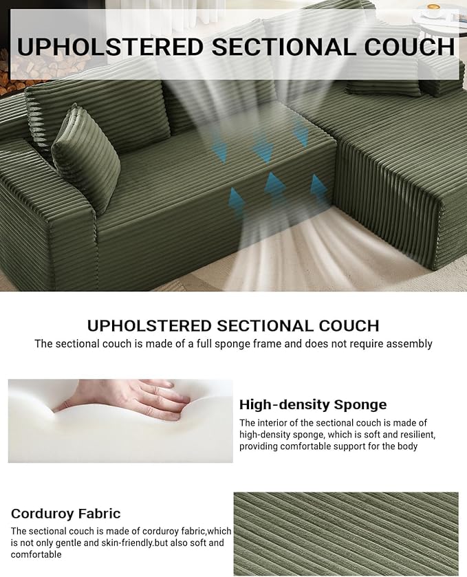 Vanress Cloud Couch Sectional, Corduroy Boneless Couch with L-Shape Chaise, Modern Modular Sectional Sofa Comfy Deep Seat for Living Room, Bedroom, No Assembly (Green, Right Facing Chaise)