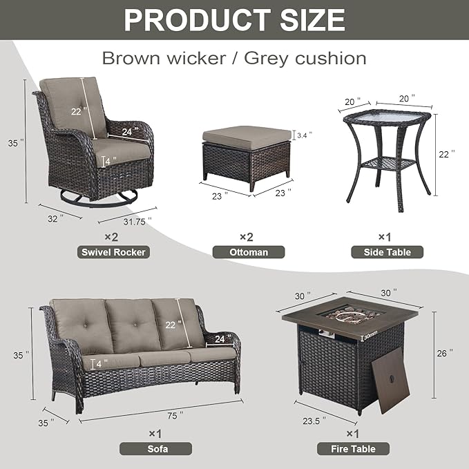 Belord Outdoor Patio Furniture Set with Propane Fire Pit Table, 7 Pieces Wicker Patio Conversation Set with 2 Swivel Glider Rocker Chair Rattan Sofa Grey Cushion Perfect for Casual Gathering