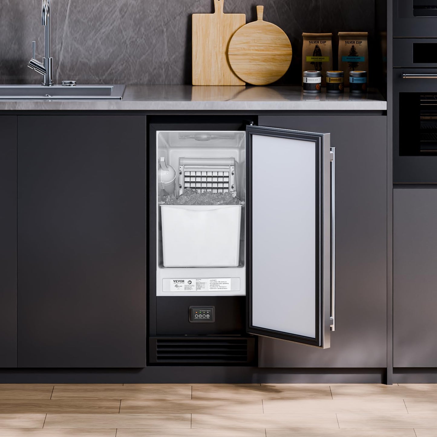 VEVOR Undercounter Built-in Ice Maker, 50 Lbs/Day Under Counter Ice Maker Machine with Drain Pump, Reversible Door, Stainless Steel Freestanding Ice Maker for Commercial Home Kitchen