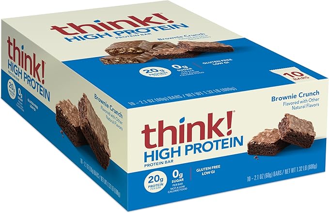 think! Protein Bars, High Protein Snacks, Gluten Free, Sugar Free Energy Bar with Whey Protein Isolate, Brownie Crunch, Nu...