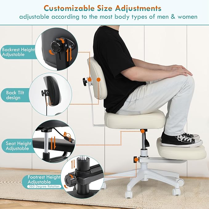 Qmetalart Cross Legged Office Chair,ADHD Friendly,Comfortable Meditation Criss Cross Chair with Wheels,Kneeling Chair for Home,Office,Adults,Teenagers,Fidgety Sitters,Posture Improvement,Cream White