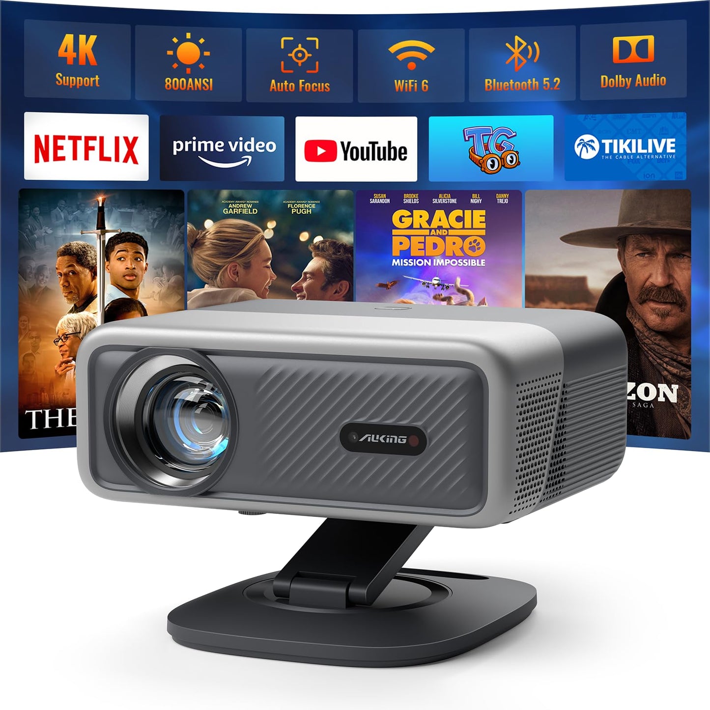 [Compatible with Netflix & Auto Focus]AuKing Smart Projector with Wifi and Bluetooth,Auto Focus&Keystone Projector4K,3D DoIby Audio, 1200ANSI Outdoor Projector with Omnidirectional Rotating Stand