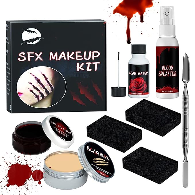 All in One Halloween Makeup Kit, Fake Scar Wax SFX Makeup Kit, Fake Blood Spray, Ideal for Zombie makeup, Vampire Blood, SFX makeUp, Cosplay Party, Stage, Washable Realistic Effect
