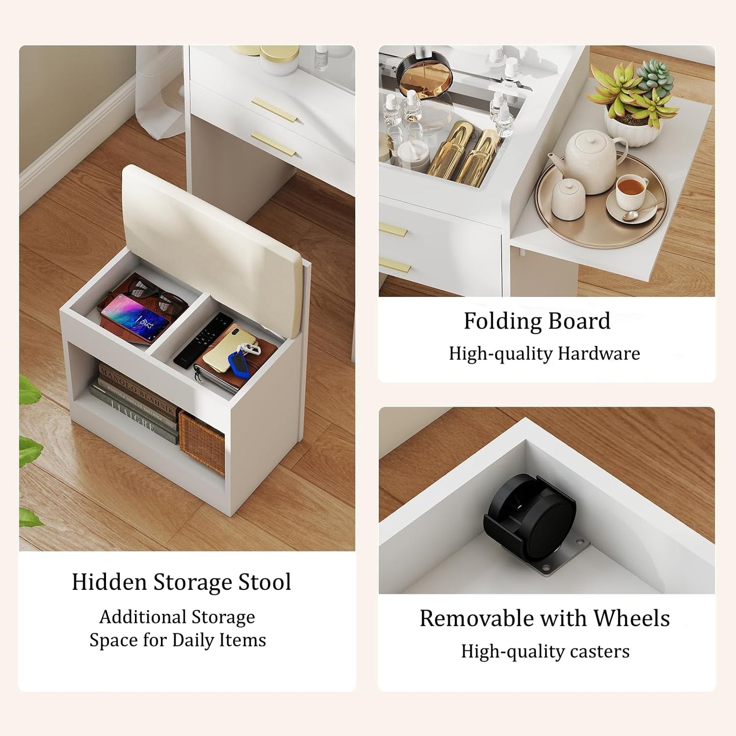 ARTETHYS Small Vanity Desk Set with Flip-top Mirror and Lights White Integrated 3 in 1 Makeup Vanities Set for Compact Space Mini Dressing Table with Fold-up Panel and Storage Chair for Bedroom
