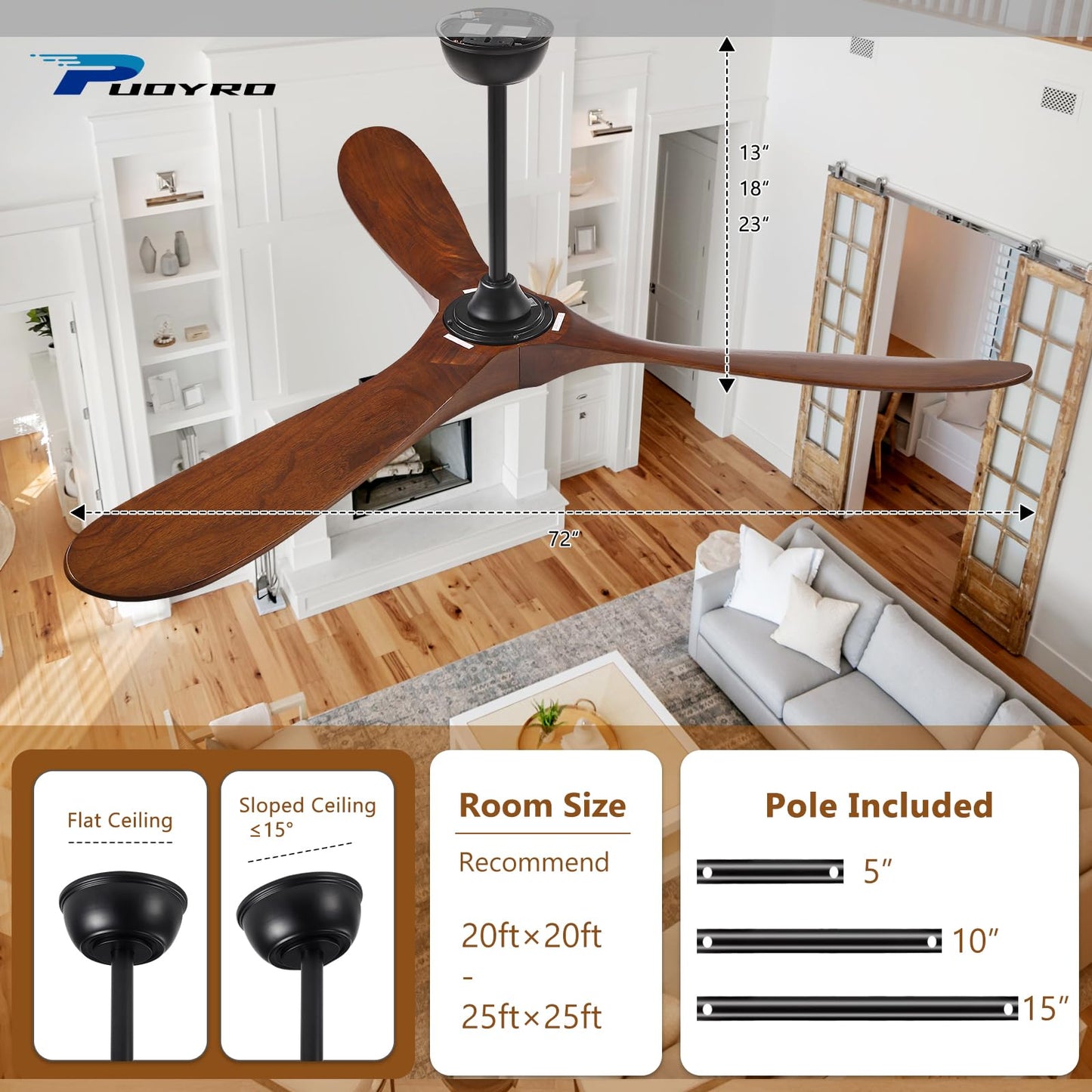 72" Ceiling Fan with Light and Remote, 6-Speed Dimmable Outdoor Ceiling Fan, High CFM Quiet 3 Blade Wood Ceiling Fan, Puoyro Modern Propeller Ceiling Fan for Outdoor Indoor Living Patio Porch (Walnut)