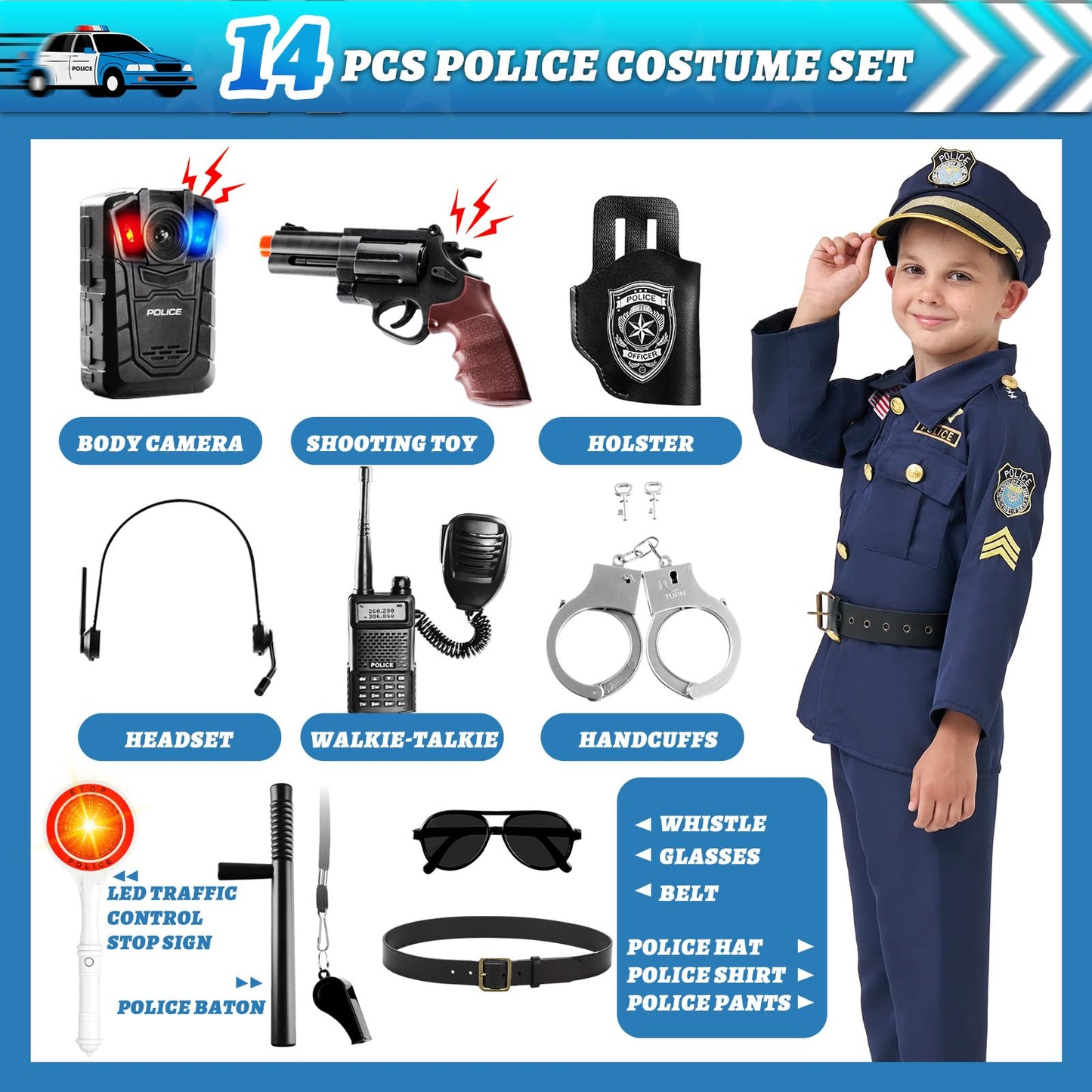MGparty Police Officer Costume for Kids Halloween Police Cosplay Accessories for Boys Halloween Dress Up Party