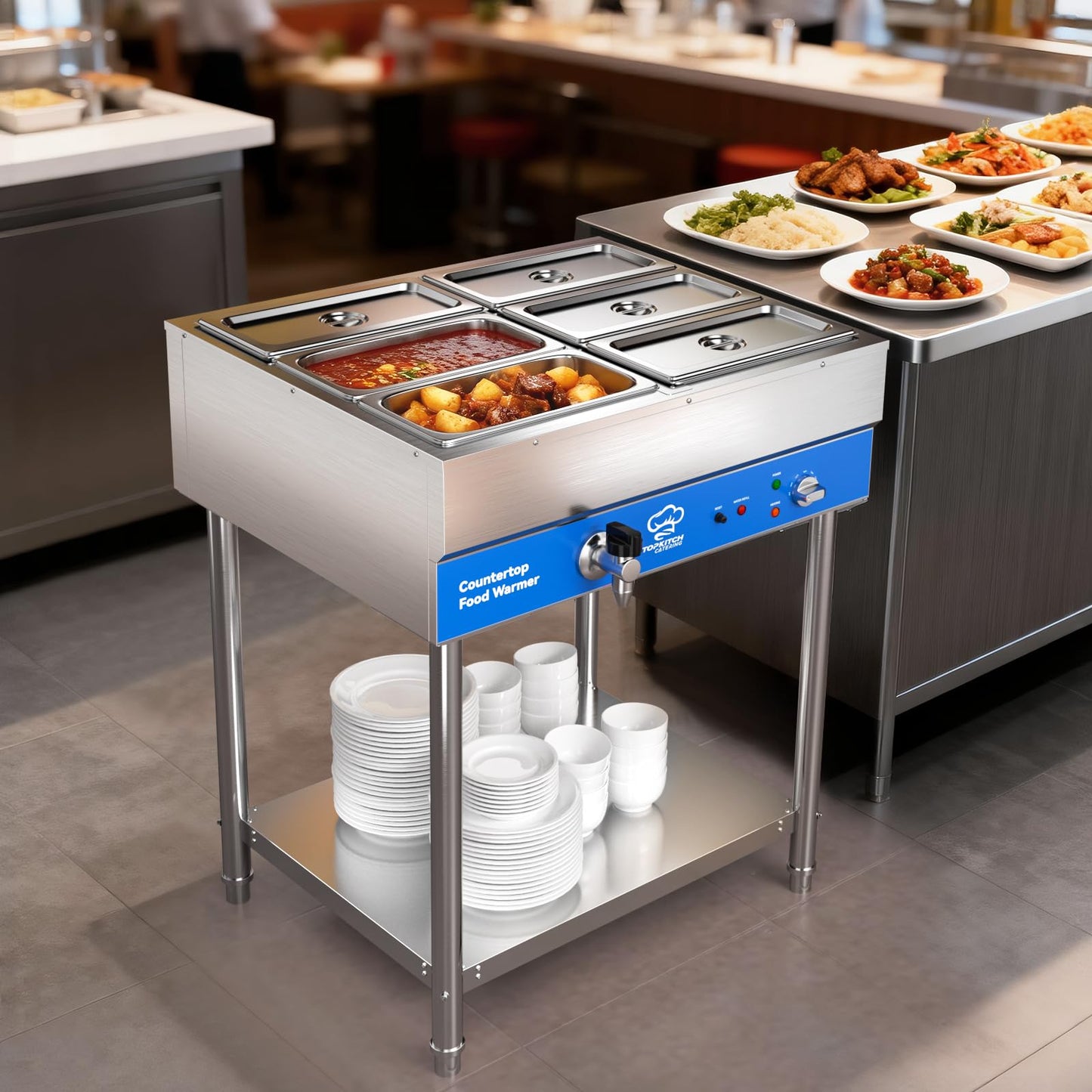 TOPKITCH 6-Pan Commercial Food Warmer, Electric Steam Table, 120V 1700W Stainless Steel Buffet Catering Food Warmer with Undershelf and Workspace, for Restaurant.