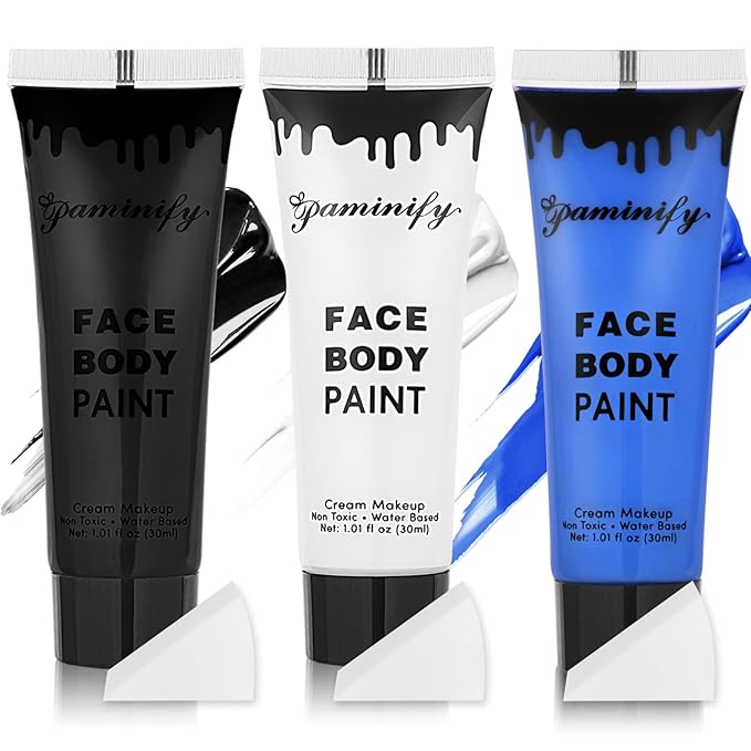 Black White Blue Face Body Paint 1.01oz/pc with 3 Sponges,Water Based Royal Blue Face Paint Kit for Avatar Corpse Bride Sally Skeleton Makeup,Halloween Costume Cream Face Painting Kit
