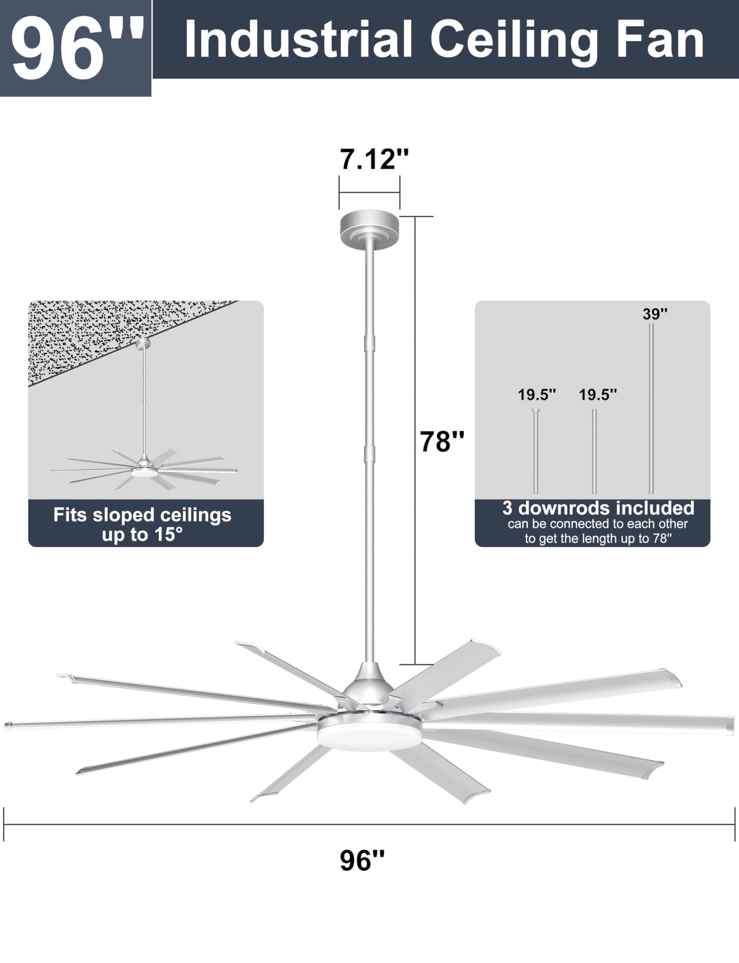 Ohniyou 96 Industrial Ceiling Fan With Bright Lights - Remote/App Control, High Cfm, Large Ceiling Fan For Shop, Covered Outdo