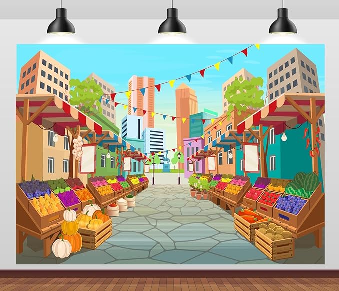 BELECO 5x3ft Fabric Cartoon Farmers Market Backdrop Fresh Farm Vegetables and Fruits, Farmers Market Stall Background for ...