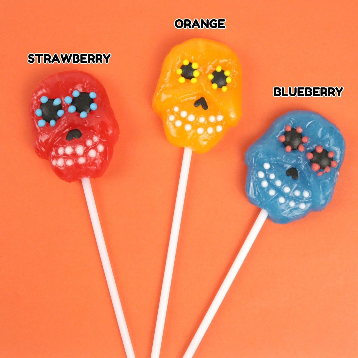 Sweetzo Halloween Sugar Skull Candy Lollipops, Individually Wrapped Dia De Los Muertos Suckers, Strawberry, Orange and Blueberry Flavored (24 Pieces)