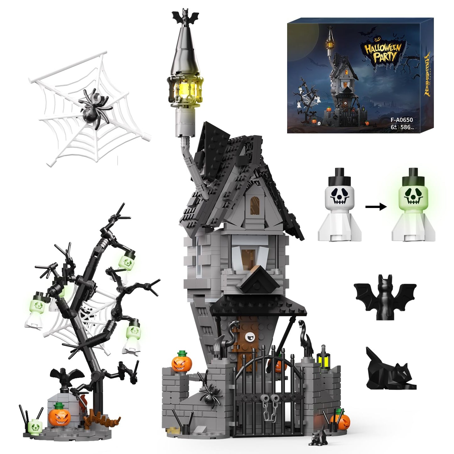 itshWOee Halloween Haunted House Building Set, Before Christmas Haunted Mansion with Light, Luminous Ghost Pumpkin Bat Withered Tree Spider Decor, Halloween for Fans, Adults Kids