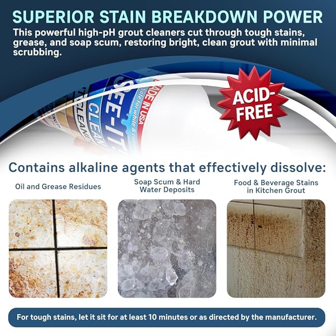 Grout & Tile Deep Cleaner Brightener & Heavy-Duty Stain Remover Acid-Free Safe for Ceramic, Porcelain, Marble, Stone - 32 fl. oz. with Hand Cleaning Brush