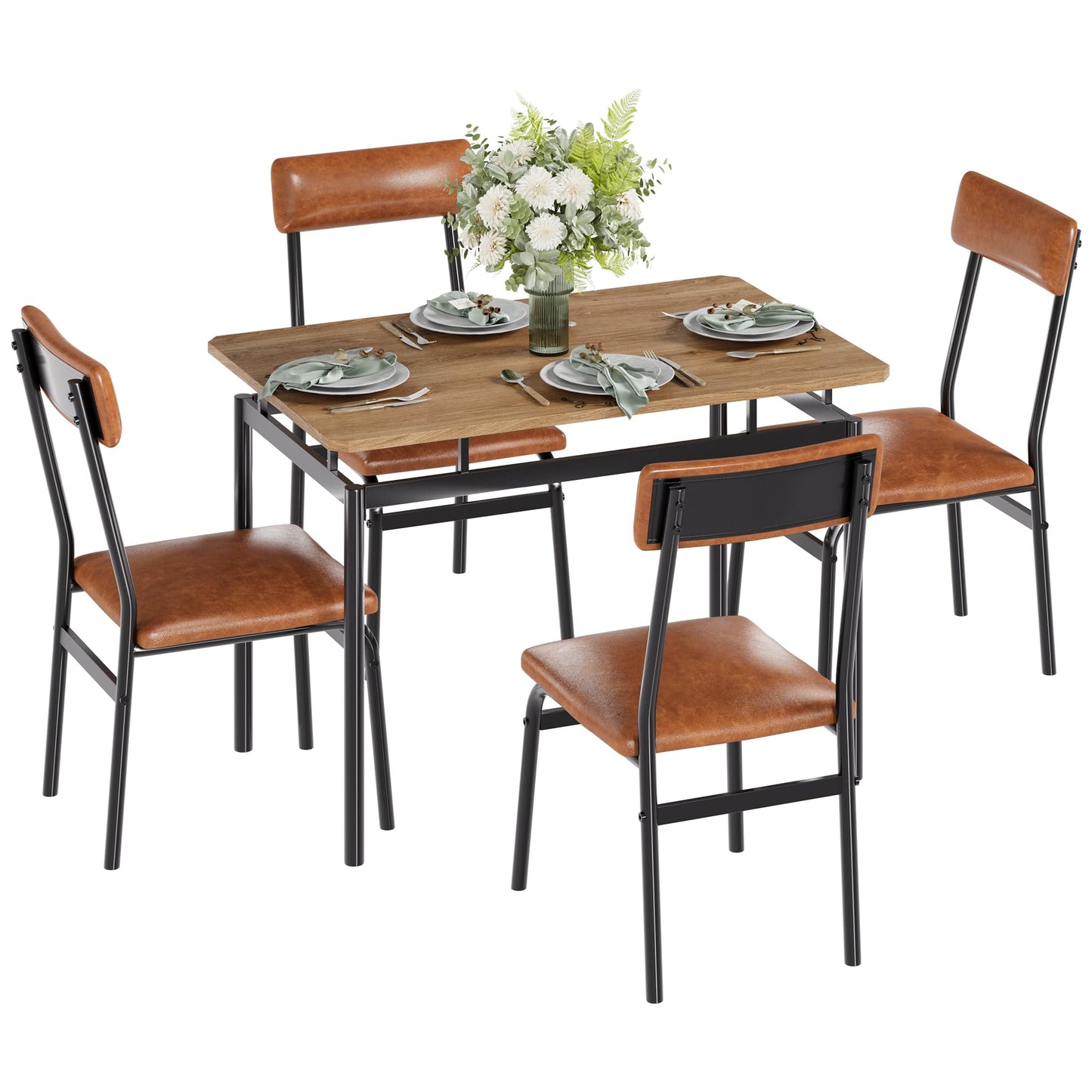 GarveeHome 5 Piece Dining Table Set, Wooden Kitchen Table Set with 4 PU Upholstered Chair, Industrial Metal Frame Dinette Set for Dining Room, Home Dinner, Party, Apartment, Brown