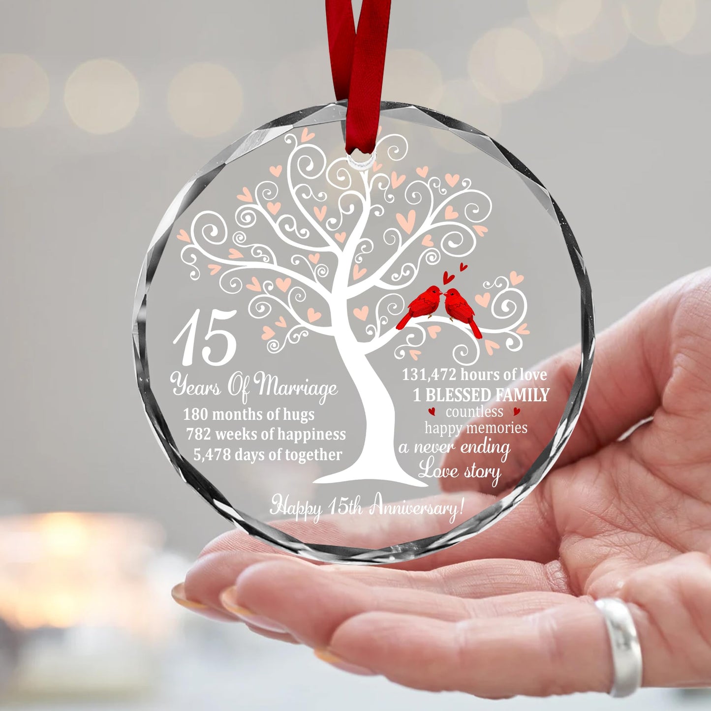 Bozspacer 15th Wedding Anniversary Ornament for Parents Couple Wife Husband - Crystal Anniversary Wedding Gift Ideas - Glass Ornament for 15 Years Marriage