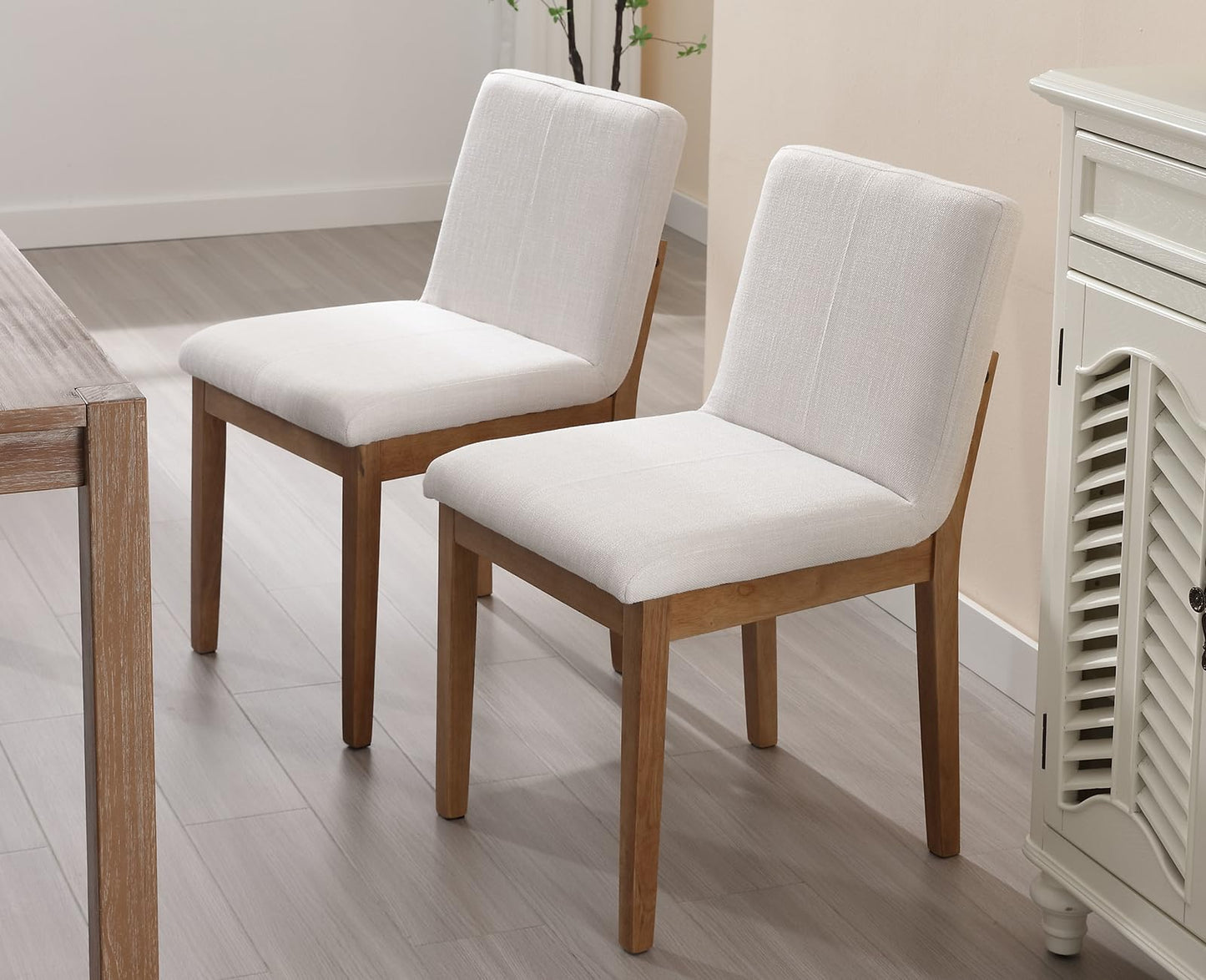 Kmax Modern Dining Chairs Set of 4, Upholstered Armless Wood Chairs Linen Fabric Side Chairs for Dining Room, Kitchen - Beige