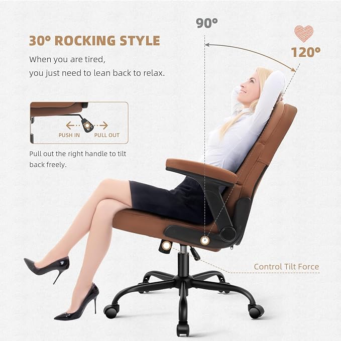 SEATZONE Executive Office Chair Small PU Leather Desk Chair with Wheels,Ergonomic Computer Swivel Rolling Task Chair with Back Support,Brown