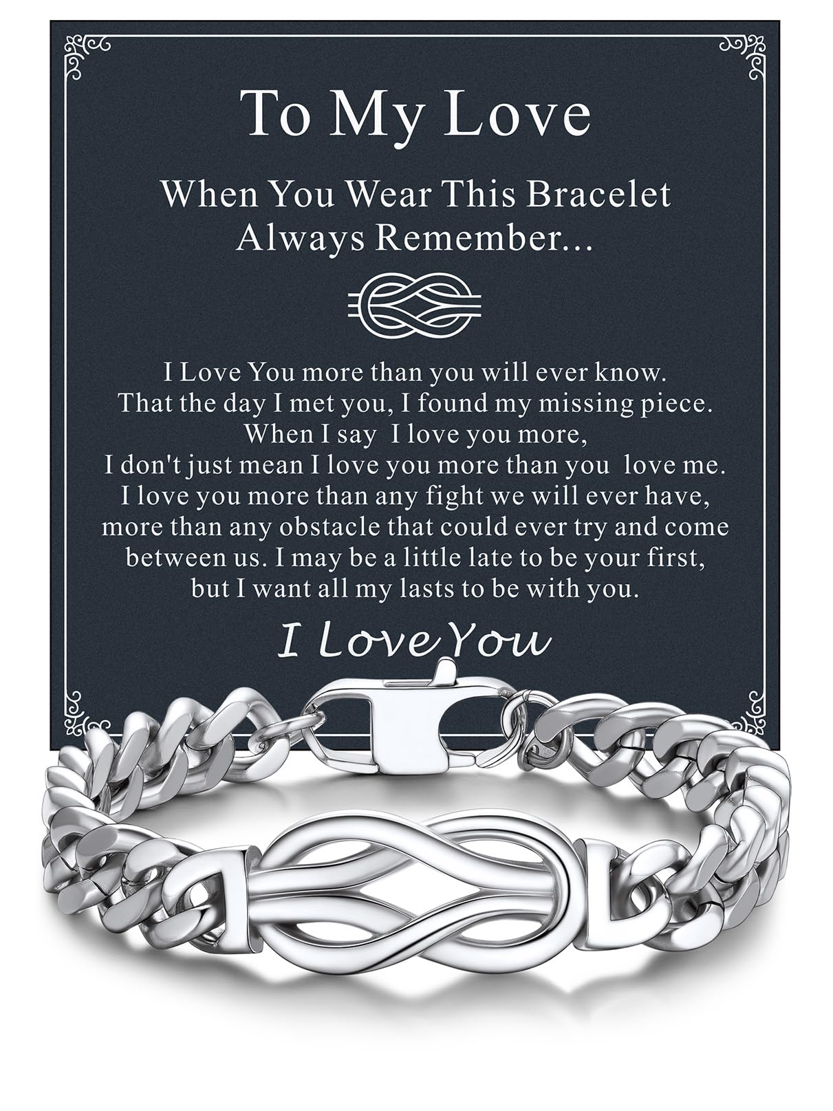 Bandmax Gift for Him BF Husband Infinity Love Knot Chain Bracelet with Love Message Card Luxury Look Mens Link Bracelets 9 Inch Ideal Gift for Valentines Day Christmas Father's Day