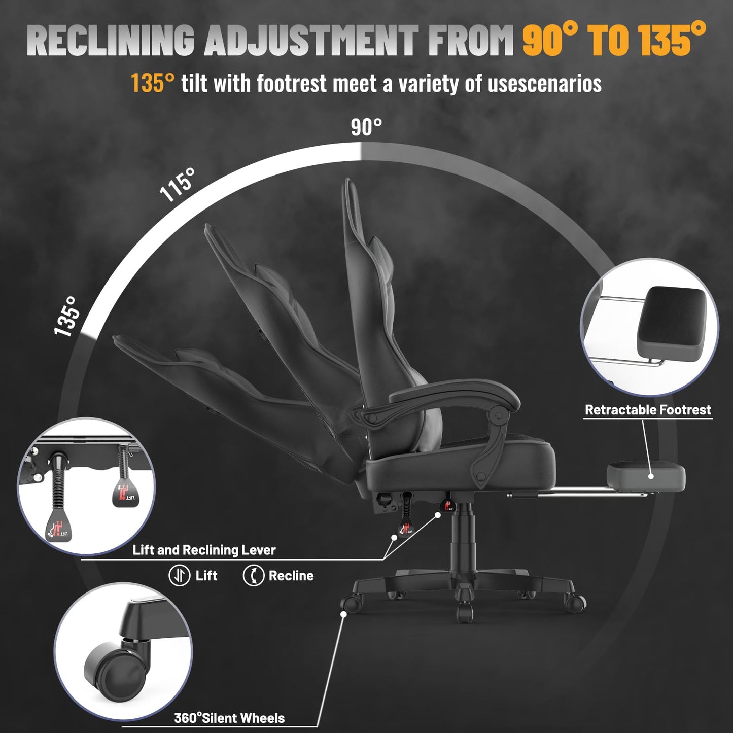 Soontrans Grey Gaming Chair with Large Mouse Pad, Ergonomic Computer Office Chair with Wider Seat Cushion, Reclining PU Leather Gamer Chair with Footrest for Adults, High Back Video Game Chair