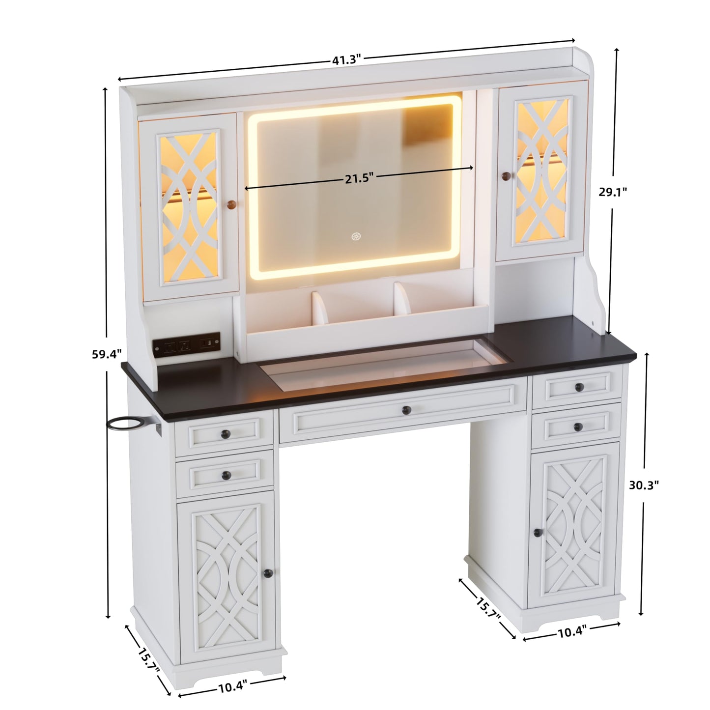 Vanity Desk with HD Lighted Mirror & Power Outlet, Farmhouse Makeup Vanity Table with 5 Storage Drawers & 2 Cabinets & Shelves, Large Glass Top Dressing Table with 3 Lighting Modes for Women,White