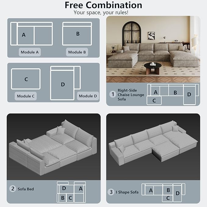 136" Cloud Sectional Couch U-Shaped Chaise with Ottoman, Corduroy Boneless Couch for Living Room Bedroom, Deep-Seat Upholstered Modular Cloud Sofa, No Assembly Required (Camel, Right Facing Chaise)