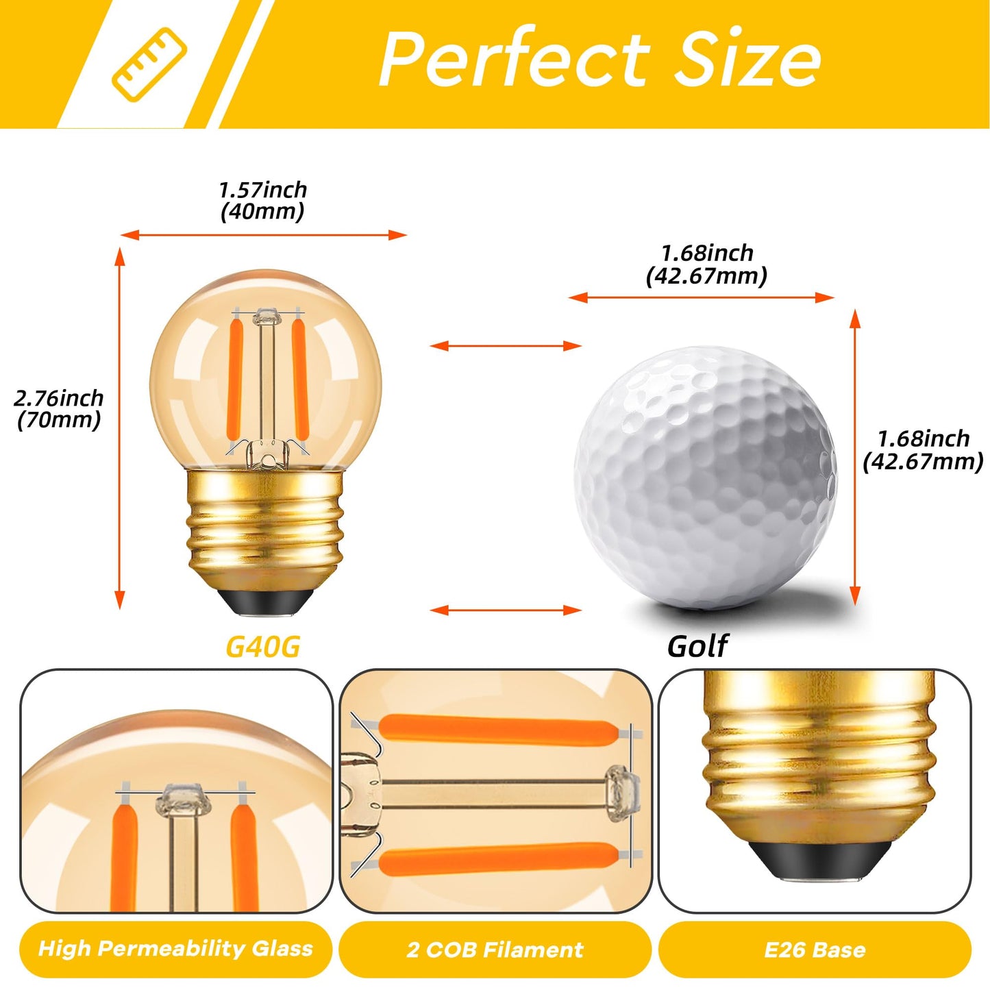 G40 LED Low Watt Light Bulbs Warm Glow E26 Amber 1W 10 Watt Light Bulb,Low Lumen Light Bulb Small Edison Short Decorative Dim Light Bulbs for Lamp,Bedroom,Warm White 2200K 100LM,Non Dimmable,2 PACK