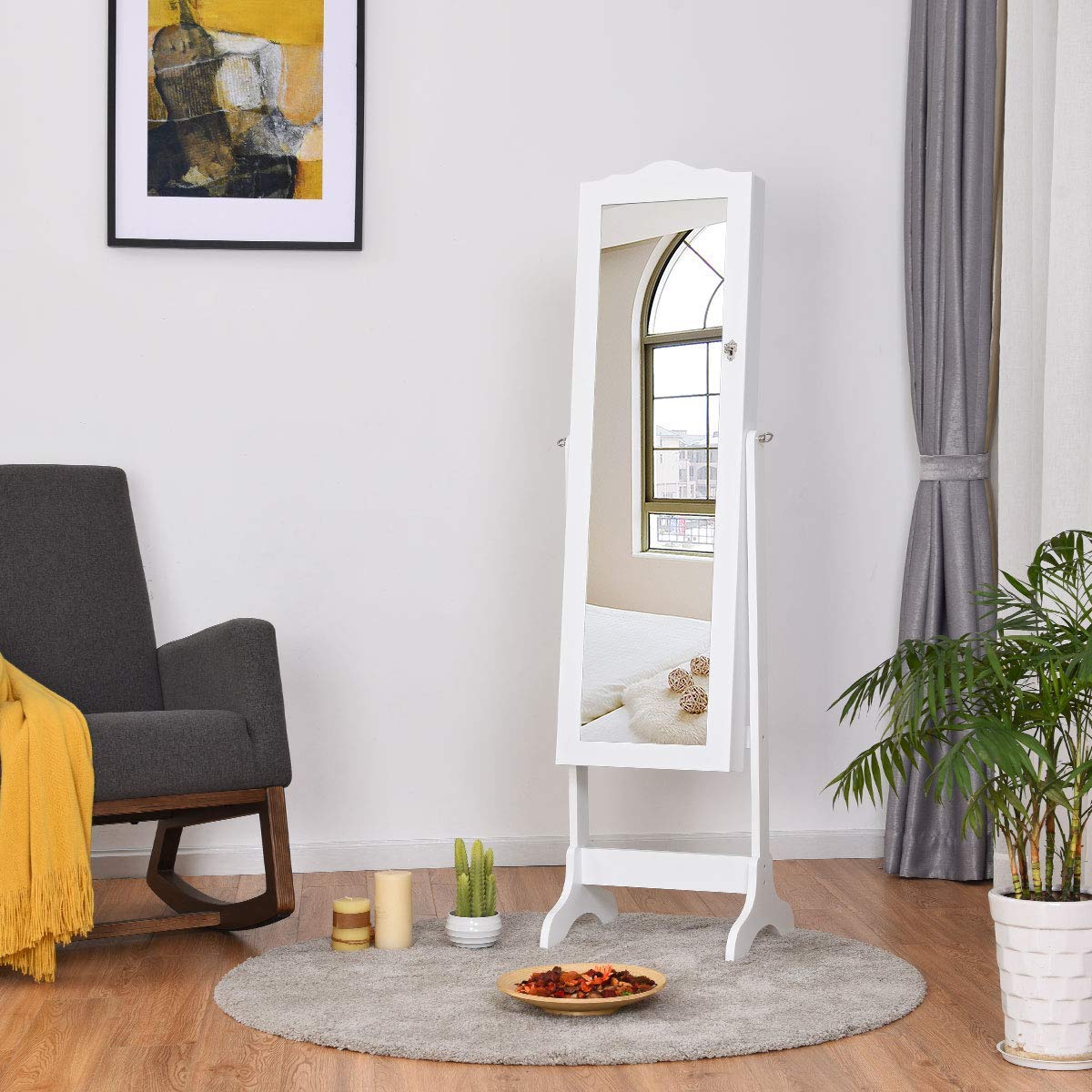 HOMGX (White 14 LEDs Mirror Wood Cabinet, Lockable Standing Armoire with Key, Jewelry Storage Organizer with 2 Drawers and 4 Angles (Jewelry Cabinet)
