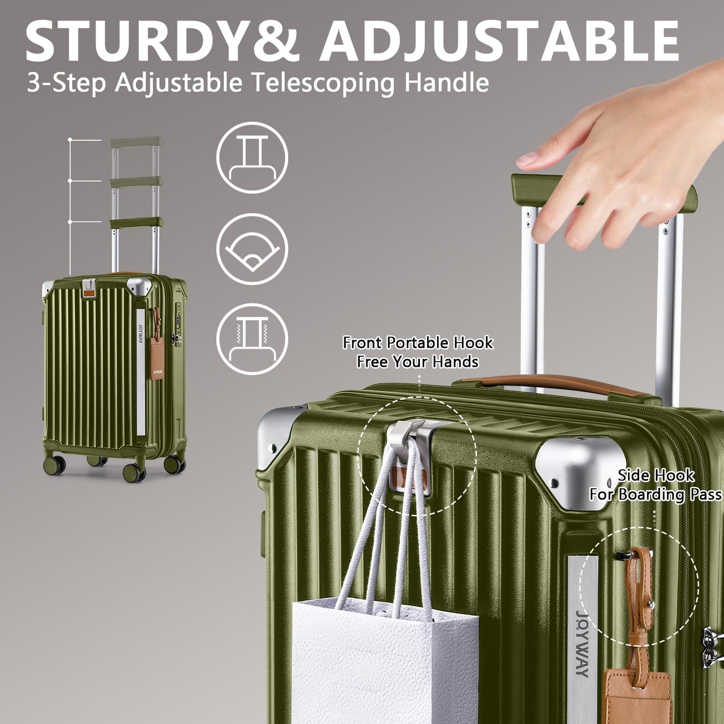 Joyway 20in Carry On Luggage with Cup Holder and USB Port, 25% Expandable Capacity, Smart Suitcase with Anti Slip Wheels and Handbag, Perfect for Men and Women 3 Piece Set DarkGreen