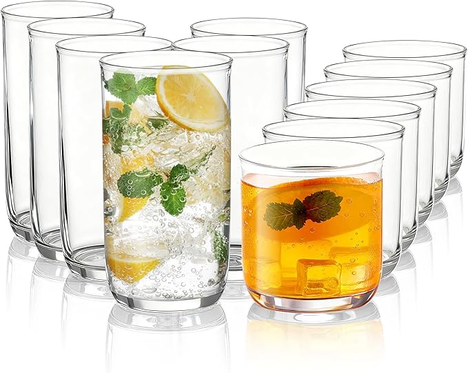 Kyraton Drinking Glasses Set of 12, PET Clear Plastic Highball Glasses 14oz & Whisky Cocktail Glasses Set 11.5oz, Heavy Du...