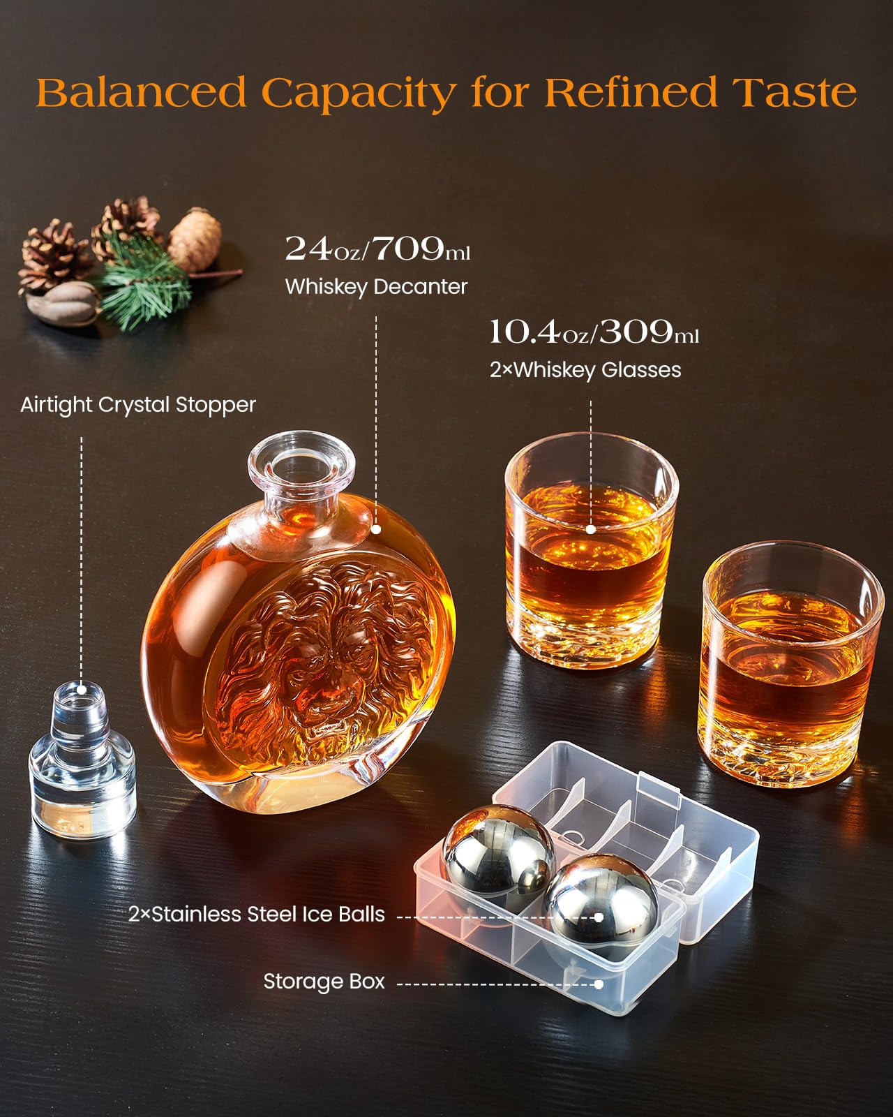 Engraved Lion Whiskey Decanter Set Gift for Men, Including 2 Lion-Engraved Shot Glasses & 2 Whiskey Ice Balls, Unique Christmas Birthday Gifts for Men Dad Husband, Cool Whiskey Set for Husband Brother