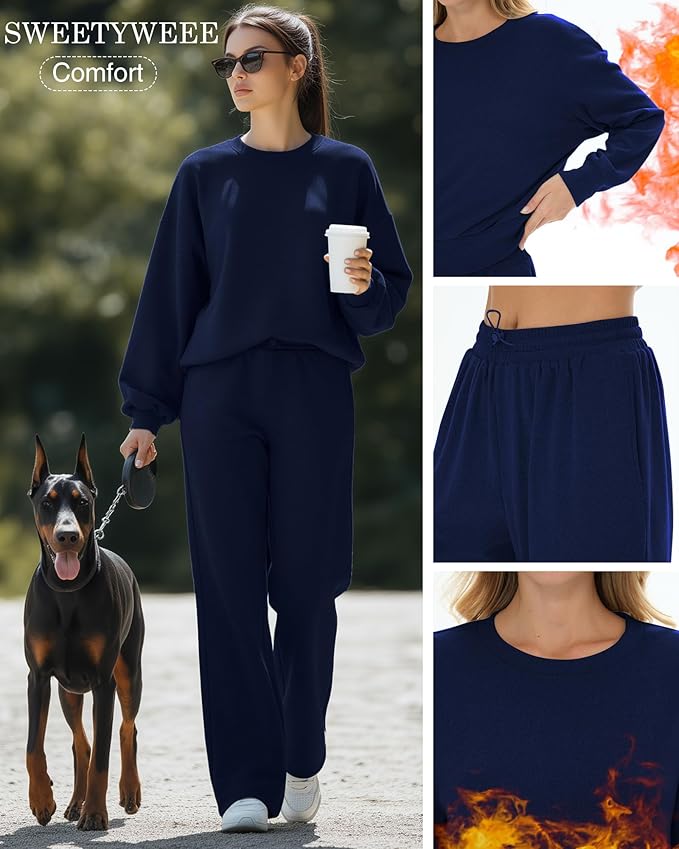 Sweetyweee Women's 2 Piece Outfits Set Fleece Lined Lounge Sweatsuit Crewneck Pullover Top Wide Leg Pants Casual Tracksuit