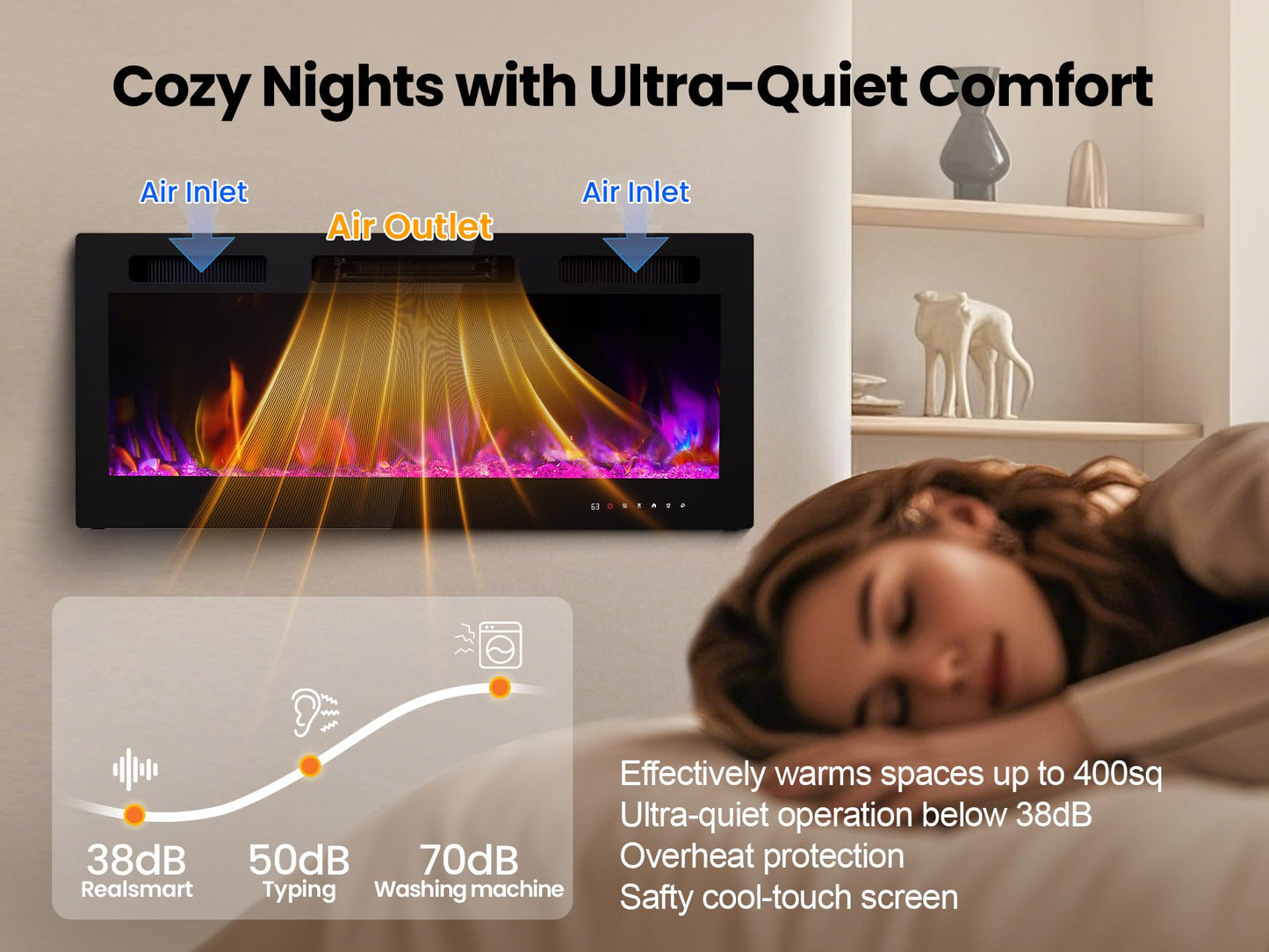 Electric Fireplace 50 Inch Wall Mount Insert Fireplaces Realsmart 1500W,Fit for 2 X 6 stub,Ultra-Thin Heater Ultra-Thin with 3 Heating Modes Timer 12 Adjustable Flame Colors Touch Remote Control