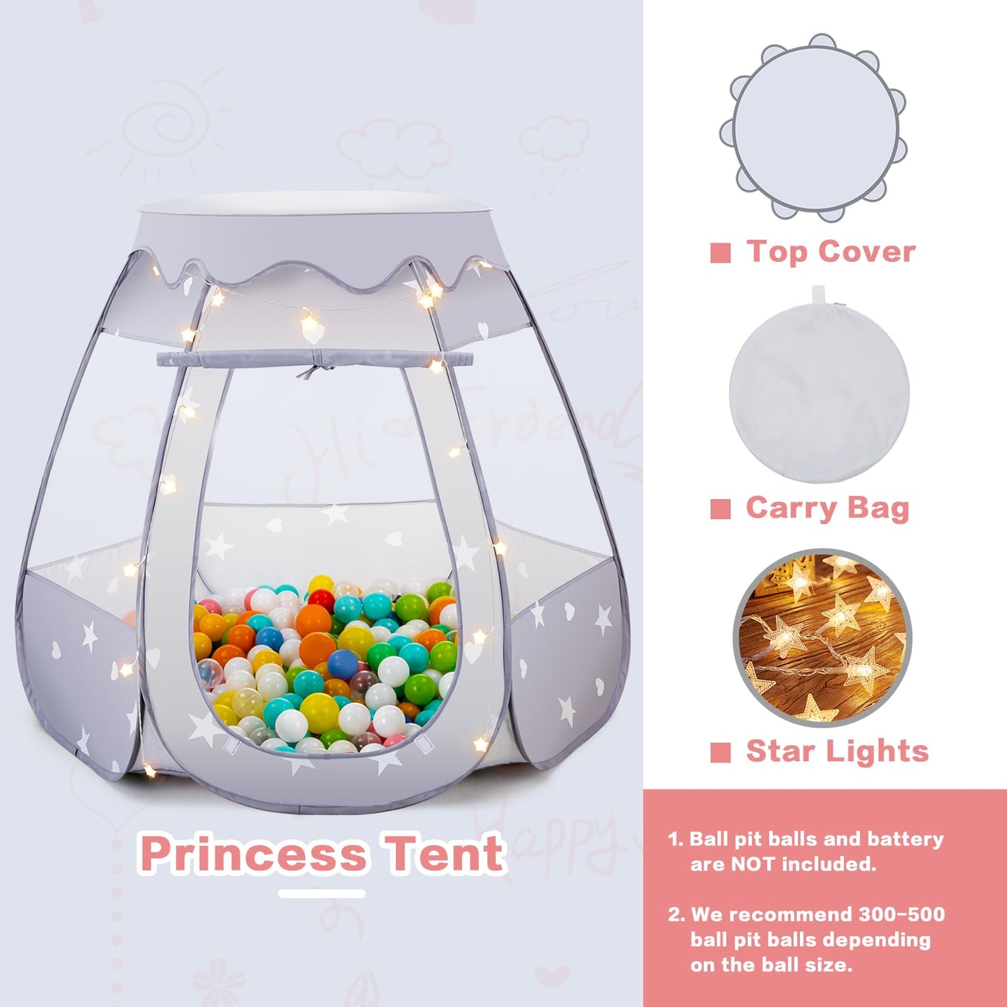 Baby Ball Pit for Toddler: with Star Lights - Pop Up Princess Play Tent for Kids - Indoor Outdoor Baby Girl Toys Birthday Gifts - NO Balls (Gray Tent)