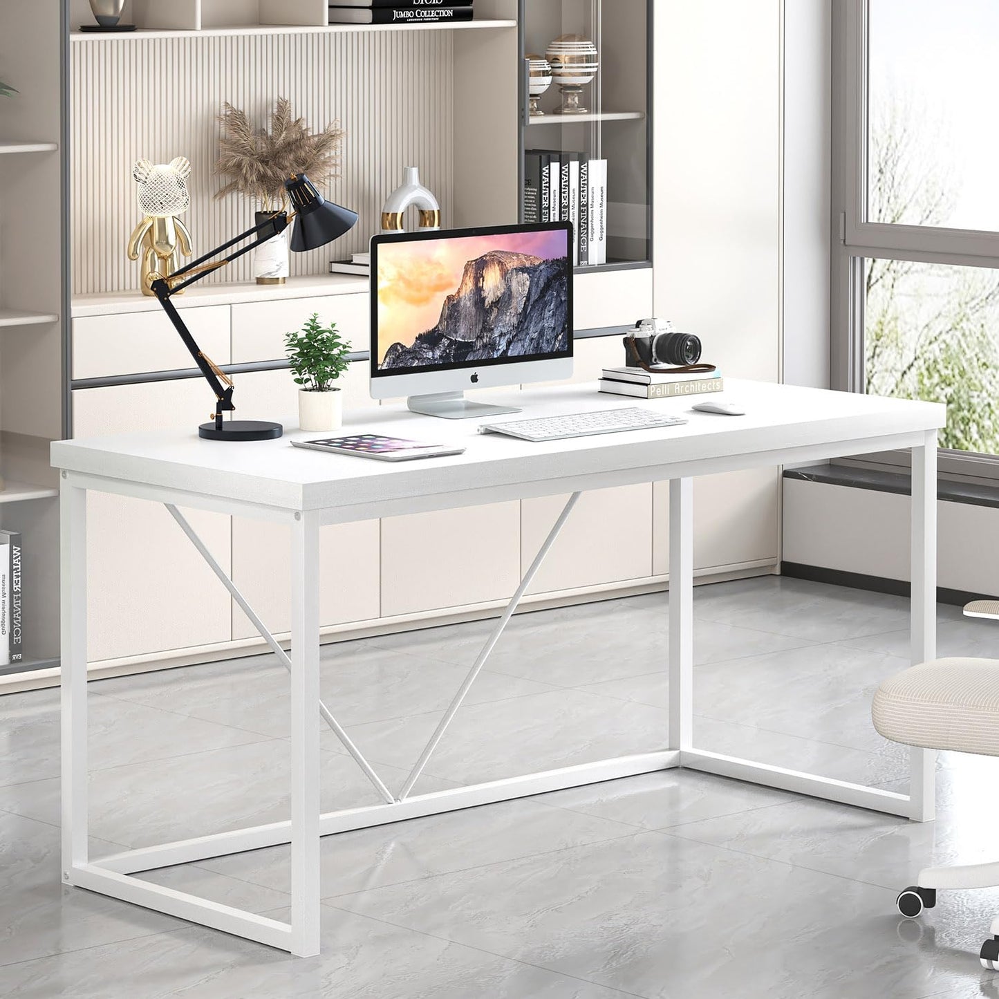 EXCEFUR Home Office Desk, Modern Wood Computer Desk, Wood Study Writing Table, Simple Gaming Executive Desk Workstation for Bedroom Living Room, White, 53 inch